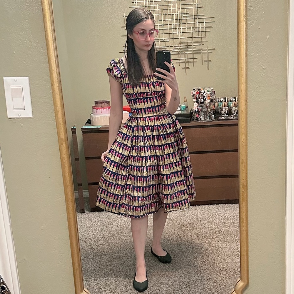 Vintage-Inspired Fit & Flare lipstick Dress in Navy, gold & Pink